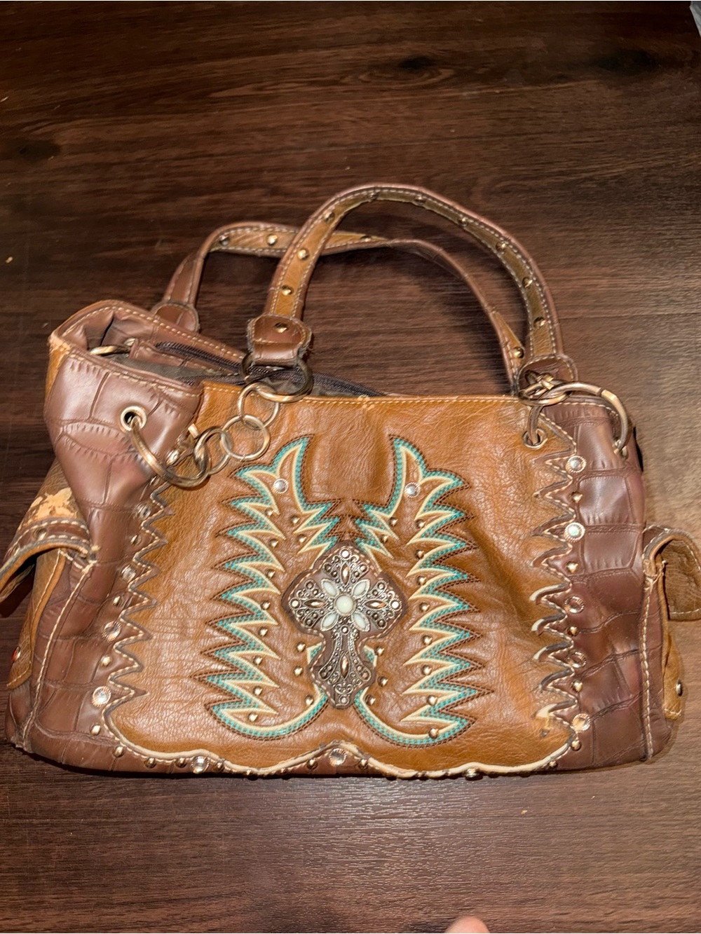 P&G Collection Western Cross Shoulder Handbag Brown Studded Turquoise Embroidere
